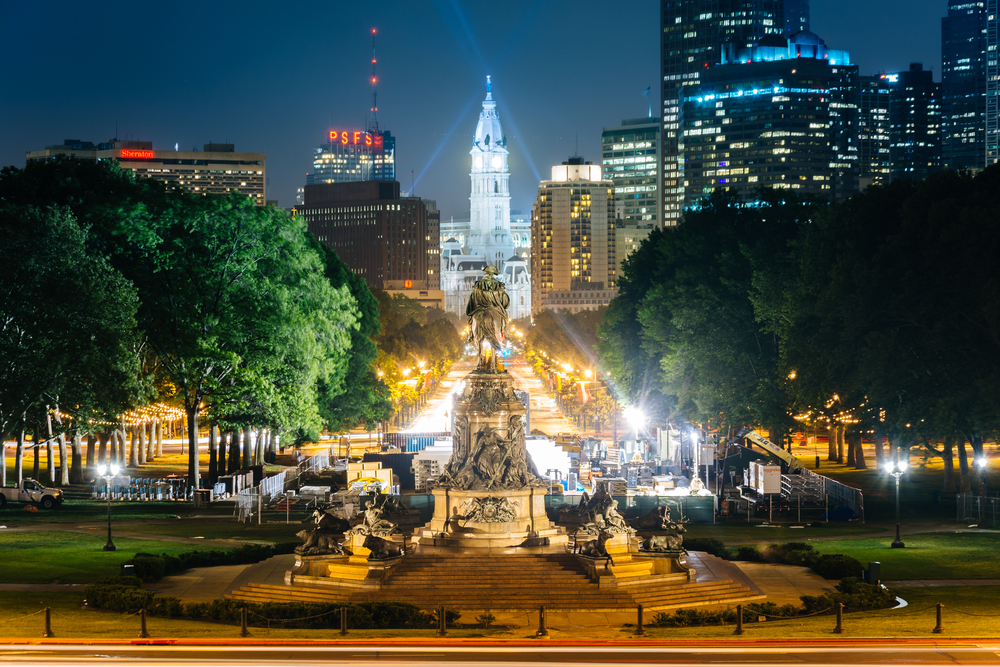 View of Eakins Oval and Center City at night, in Philadelphia, Pennsylvania.